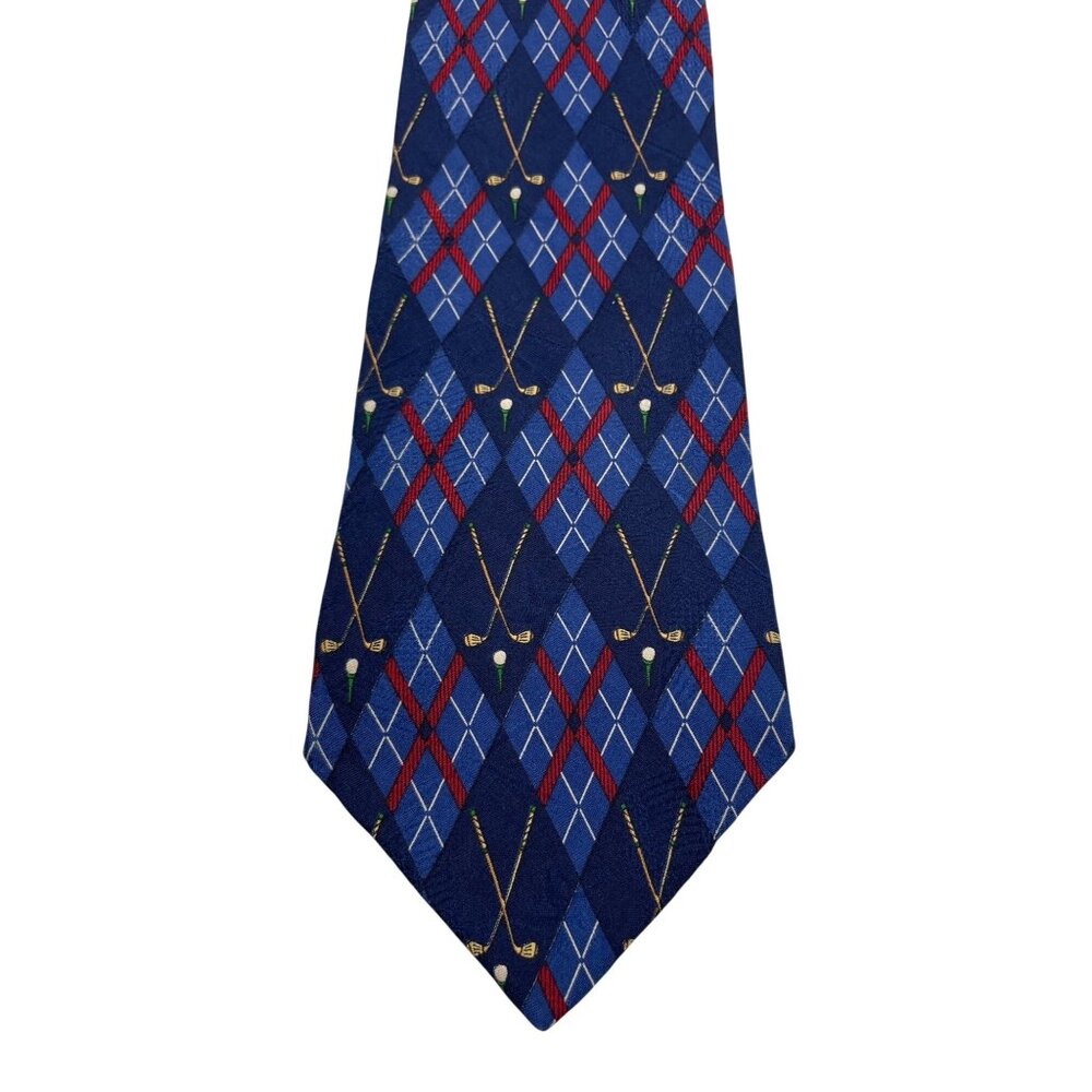 Tommy Hilfiger Blue & Red Diamond Golf Club Print 100% Silk Mens Tie Necktie - Picture 1 of 7